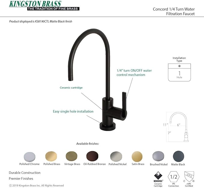 Kingston Brass KS8190CTL Continental Water Filtration Faucet, Matte Black, 5‑7/8 in. Spout Reach