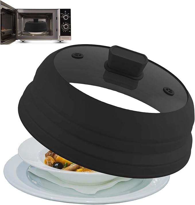 Collapsible Microwave Splatter Cover, Glass Silicone Foldable Microwave Lid for Food, 10.8 Inch Grease Splatter Guard for Pots, Pans & Bowls, Black