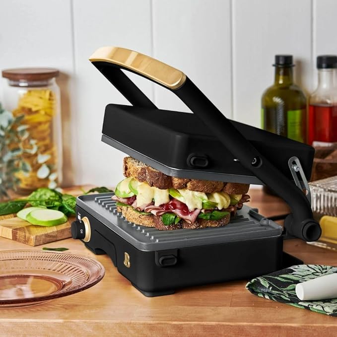 Panini Press Indoor Grill 1 2-in-1200W Non-Stick Removable Plates Sandwich Maker by Drew Barrymoree. (Black Seaseme)
