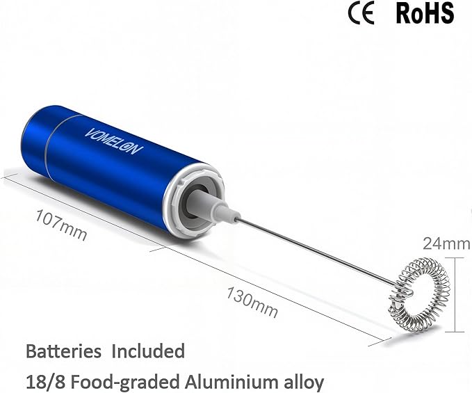 Milk Frother Handheld, Battery Operated Coffee Foamer Drink Mixer with 2 Stainless Steel Electric Whisks for Coffee, Latte, Cappuccino, Hot Chocolate, Protein,Egg Batteries Included,Blue