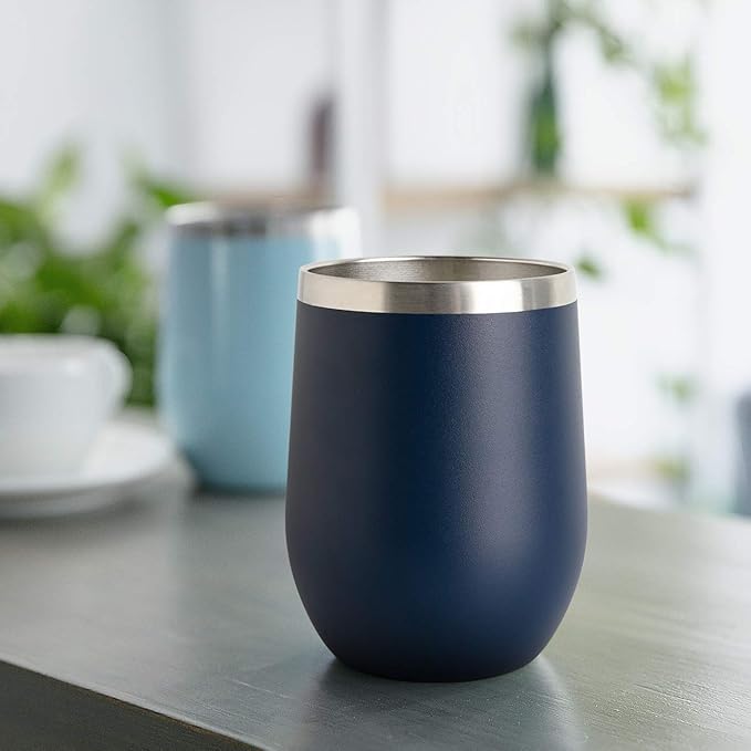 COMOOO 12 Pack Stainless Steel Wine Tumblers with Lid and Straw 12oz Double Wall Vacuum Insulated Wine Tumbler Cup Stemless for Hot and Cold Drinks, Coffee, Wine, Cocktails, Navy