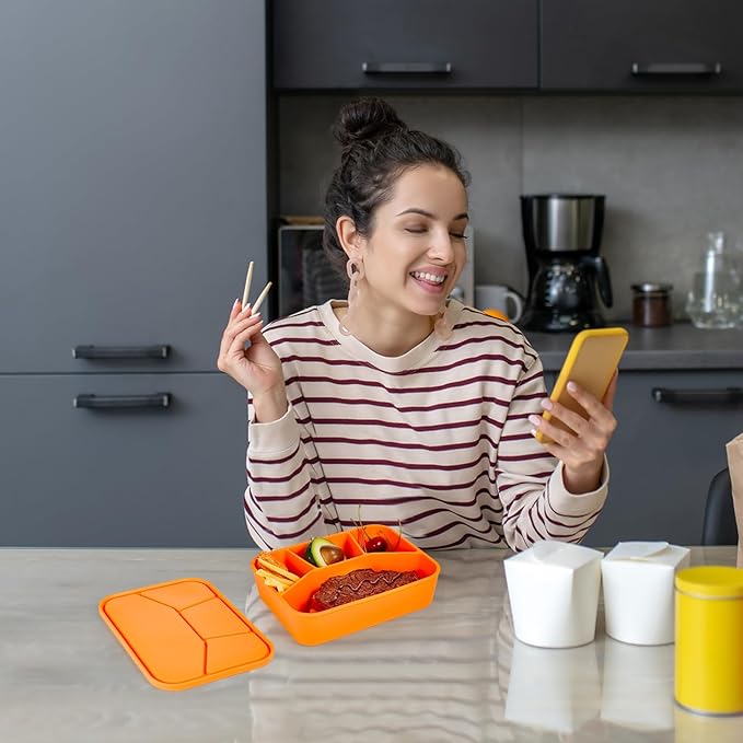 Ziliny 4 Pcs Silicone Bento Box Reusable Lunch Container Smooth Leak Proof Lunch Box Rectangle Bento Boxes for Adult Work Travel Food Meal Compartment Storage, 4 Colors (Brilliant Color)