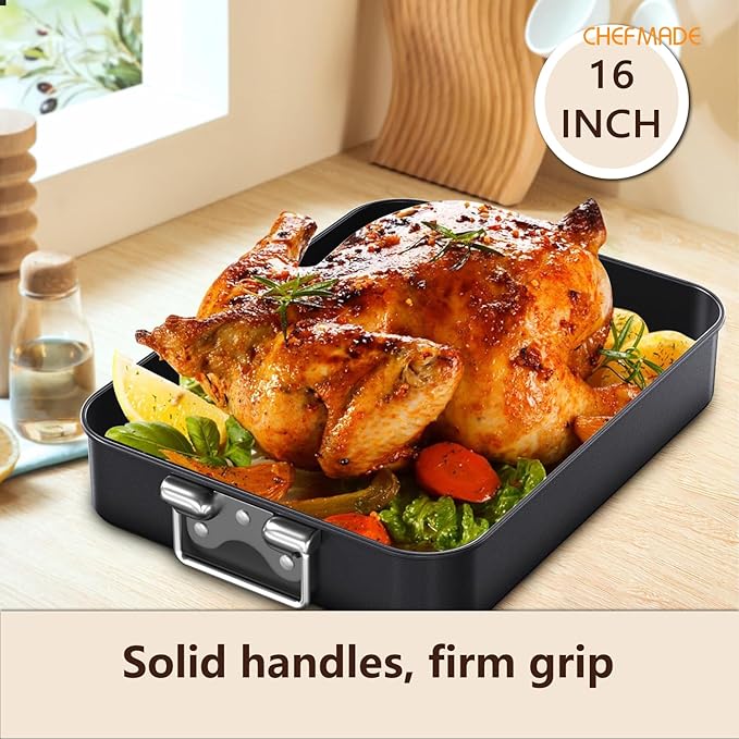 CHEFMADE Turkey Roasting Pan with V Rack, 16 Inch Deep Roasting Pan, Deep Lasagna Pan for BBQ Vegetbale and Meat 16" x 12.8" x 3" (Black)