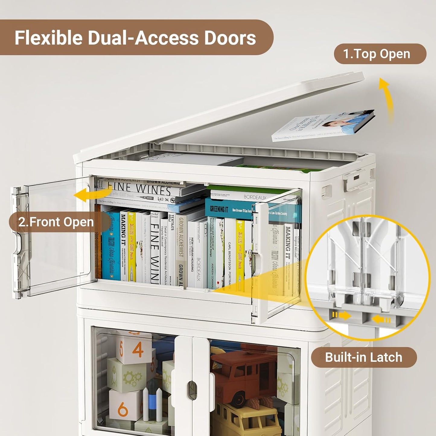 460Qt Stackable Storage Bins with Individual Lids & Wheels, Large Plastic Collapsible Latching Boxes Closet Organizers and Storage Cabinet Shelves Units for Home Kitchen Dorm, 4-Pack White