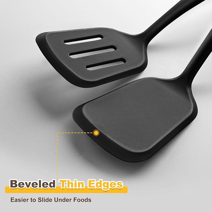 Pack of 2 Silicone Spatula Set with Elegant Wooden Handle, Heat Resistant Solid & Slotted Turner for Non Stick Pans, Great Kitchen Spatulas, Cooking Utensils for Sautéing, Frying, Flipping -Black