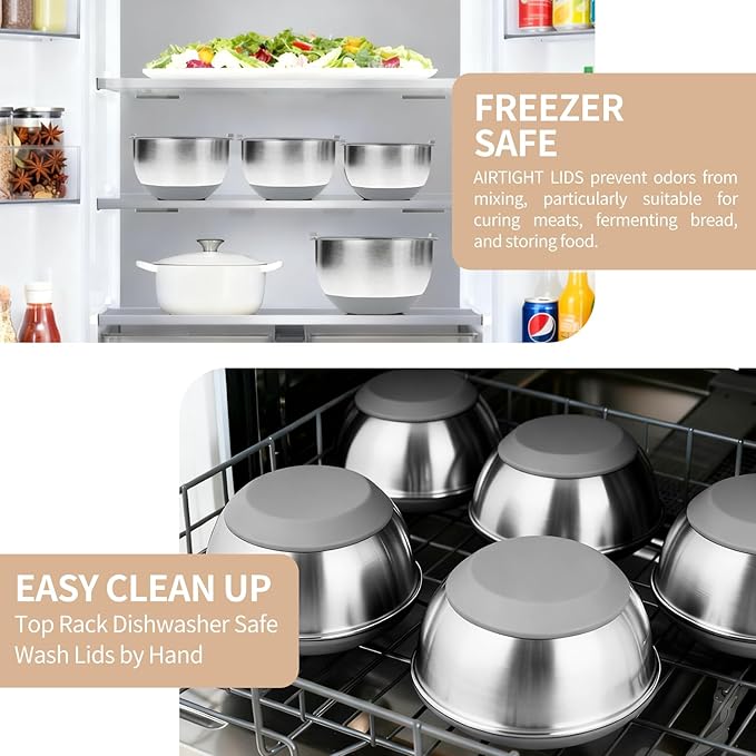 Deedro Premium Mixing Bowls with Airtight Lids Set, 22Pcs Thicker Stainless Steel Mixing Bowl Set, Large Prep Metal Bowls, Non-Slip Silicone Base Nesting Bowls for Kitchen, 1.5/2/3/4/5 QT, Gray