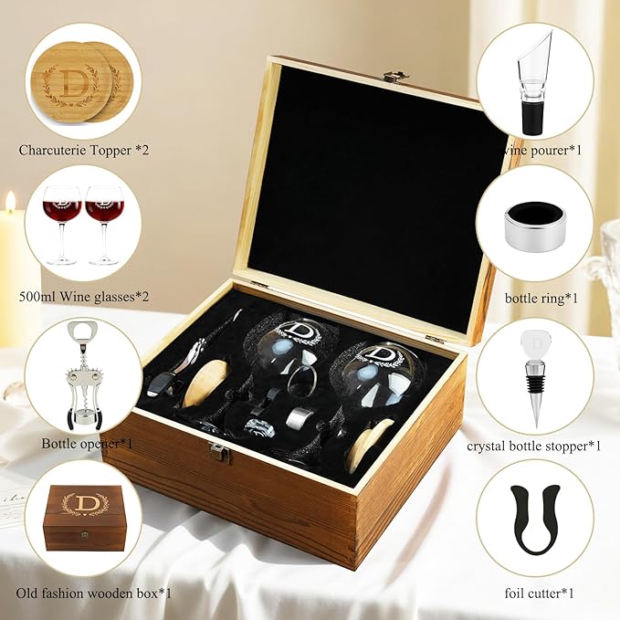GZLDGIFTS Personalized Initial Wine Glasses Box Gift Set For Women Mom Engraved Birthday Monogrammed Wooden Christmas Gifts Wedding Anniversary Wine Couples Stopper Opener Initial Letterr (M Set)