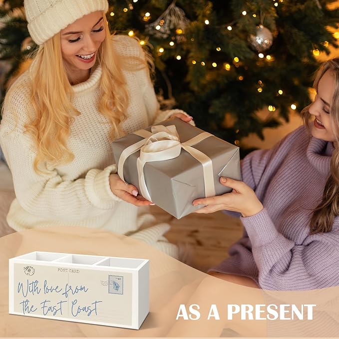 With Love From the East Coast Coastal Wooden Utensils Holder, Vintage Postcard Blue Beachy Wood Cooking Utensil Holder Organizer for Kitchen Countertop Counter Decor Accessories
