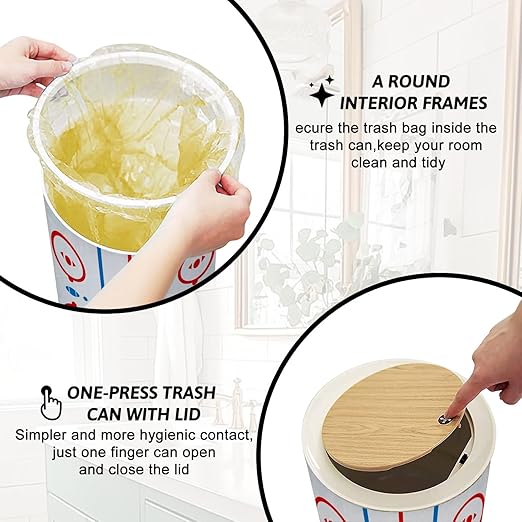 Trash Can with Lid Hockey Rink Hockey Rink Box Press Top Round Small Garbage Bin with Wooden Legs Waste Basket for Kitchen Bedroom Nursery 7L/1.8 Gallon