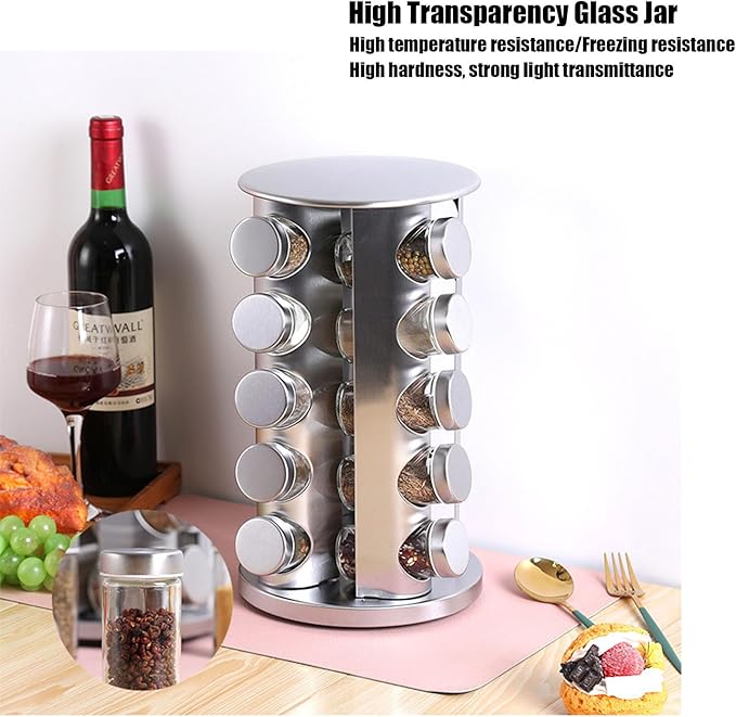 Spice Rack, Spice Rack Organizers for Countertop, Rotating Countertop Spice Rack, Revolving Spice Rack for Kitchen, Kitchen Gadgets, Organizer Rack with Spice Jars (Silver, RoundHead_20Jars)