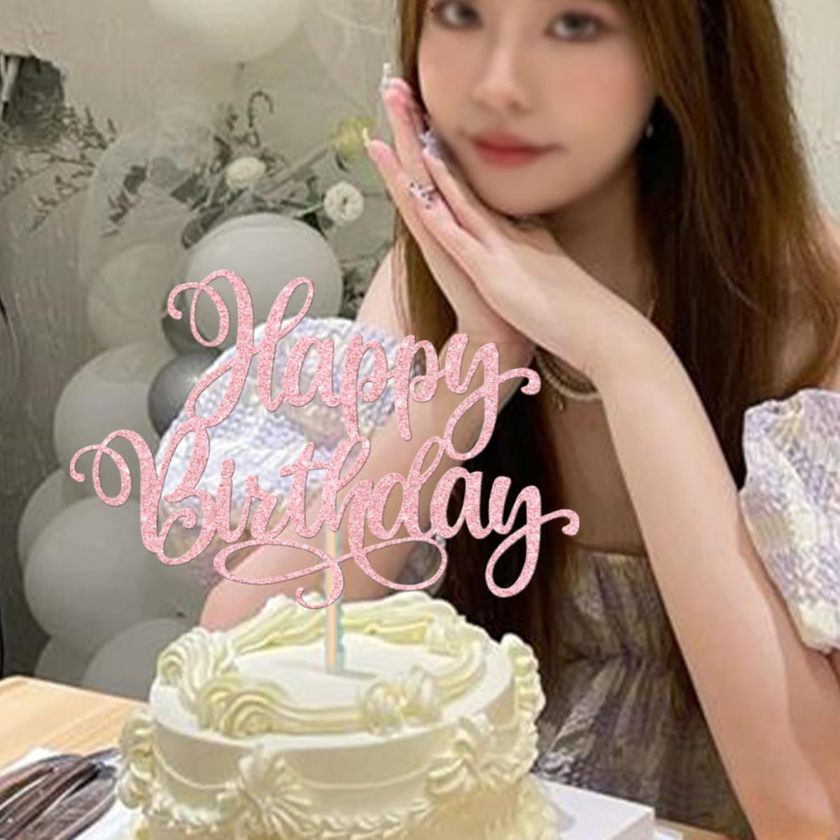 1 PCS Happy Birthday Cake Topper Glitter Happy Birthday Cake Pick Bunting Decor for Anniversary Celebrating Happy Birthday Party Cake Decorations Supplies Light Pink