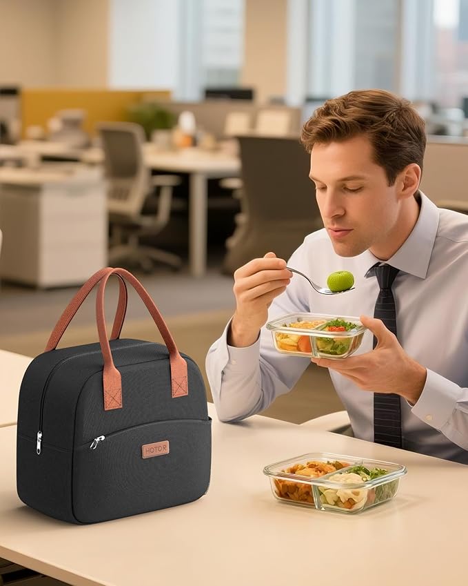HOTOR Lunch Bag for Women & Men - Wear-Resistant Insulated Lunch Box with Large Capacity, Multi-Functional Cooler Bag for Office, Picnic, Black, 12L, 12.20" x 6.30" x 10.20"