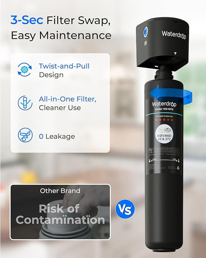 Waterdrop 17UB Under Sink Water Filter, 3 Years, Under Sink Water Filtration System, NSF/ANSI 42 Certified, Reduces PFAS, PFOA/PFOS, Lead, Under Sink Water Filter with Faucet