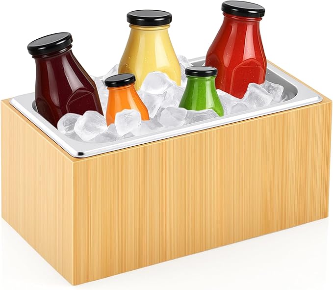 Ice Housing Bin with Removable Tray Ice Holder Container Wine Beer Champagne Drink Bucket Beverage Tub for Freezer Display Buffet Bar Counter Party Drink Chiller(Bamboo and Steel,13.4" X 7.3" X 6.7")