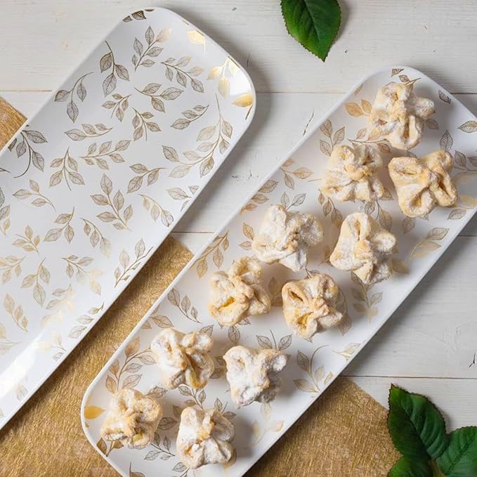 Rectangle Gold Leaves White Serving Tray (2-Pack) - 17.5" Disposable Serving Platter for Appetizer, Fruits & Serving Dishes | Perfect Plastic Tray for Party Serveware