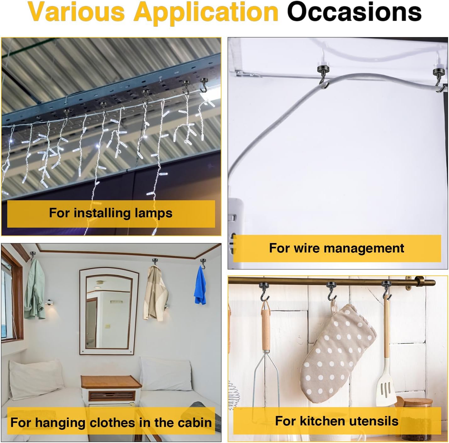 DIYMAG Outdoor Hooks for Hanging String Lights, Balck Magnetic Hooks Strong 150lbs+ Hanging Party Light Wall Cable for Outside 2025 Cruise Cabin Refrigerator Fridge Grills Must Have 10PCS