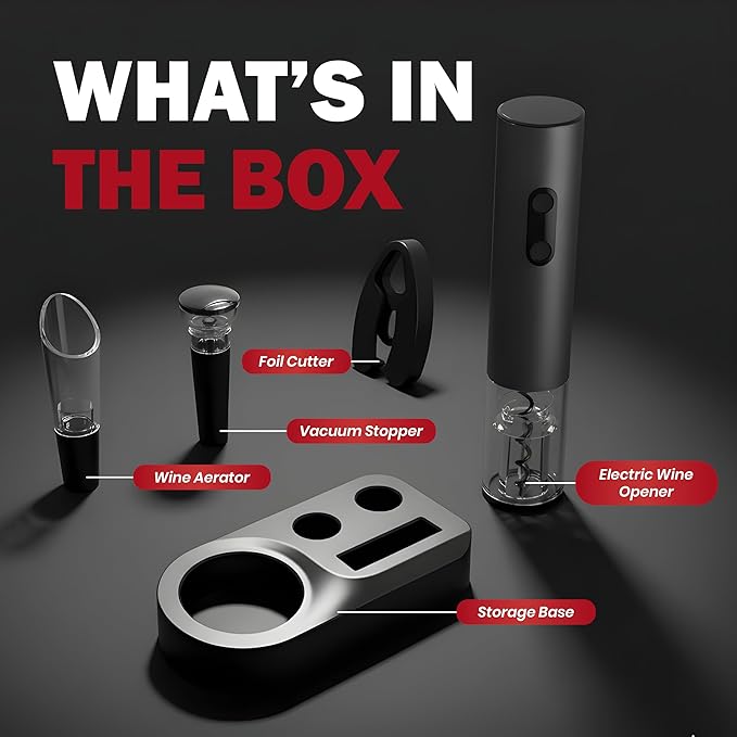 BLIVORRA-Electric Wine Opener Set โ 5-in-1 Battery Operated Corkscrew with Foil Cutter, Wine Pourer, Stopper & Storage Stand โ Great Gift for Wine Lovers (Matte Black)