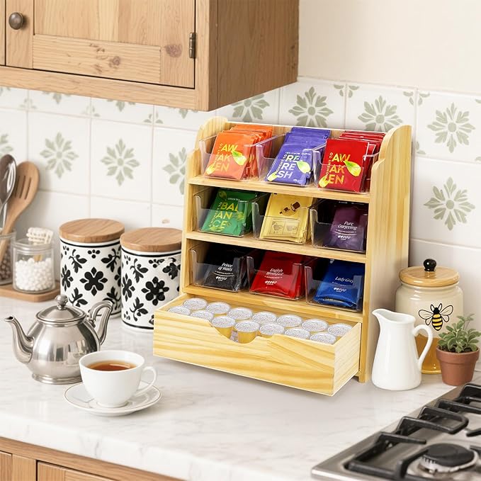 Tlence 4 Tier Wood Tea Bag Organizer, 15"x12.3"x4.5" Vertical Tea Storage Holder, Teabag Station Stand with 9 Plastic Box, Tea Packet Rack with Slide Drawer, Teabag Cabinet Shelf for Sugar and Creamer