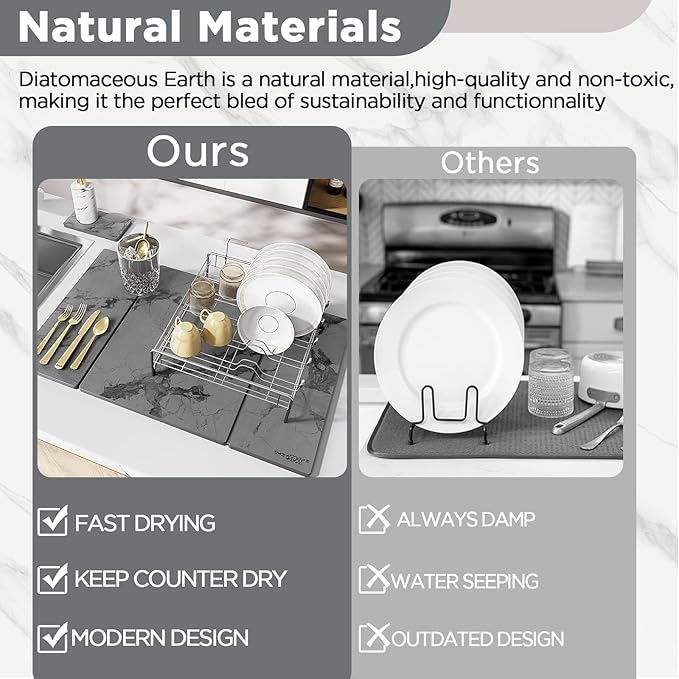 2PCS Stone Drying Mat for Kitchen Counter, Dark Gray with Black Veins Large Stone Dish Drying Mat - Diatomite Earth Water Absorbing Drying Stone for Kitchen Counter Mat, Quick Dry Stone Mat Kitchen