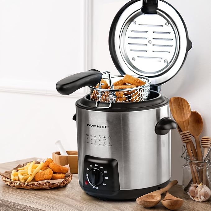 OVENTE Electric Deep Fryer, 0.9L Capacity, 840W with Adjustable Temperature, Locking Lid, Removable Fry Basket & Cool-Touch Handles, Stainless Steel Countertop Fryer, Silver FDM1091BR