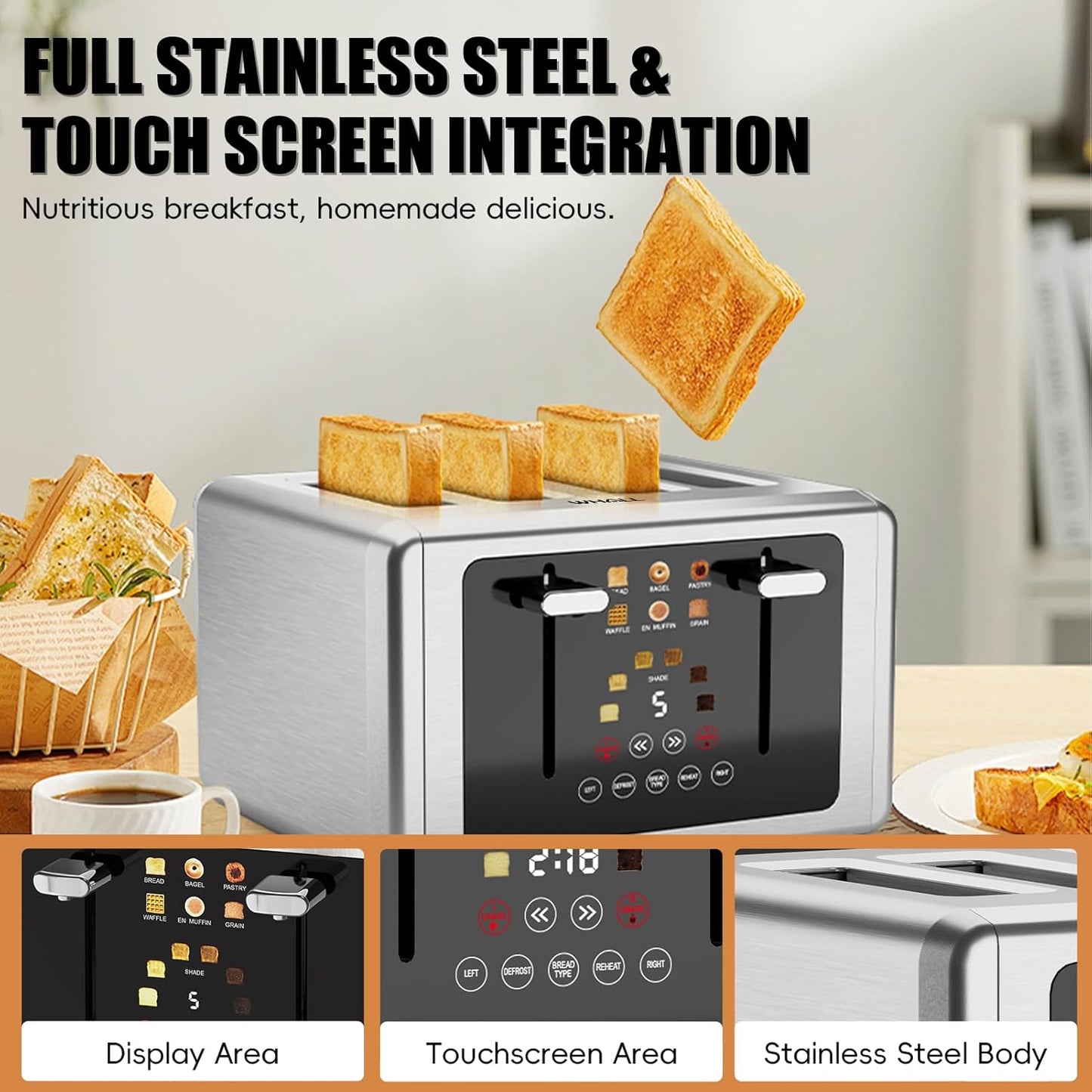 whall 4 Slice Touch Screen Toaster, Stainless Steel Toasters Digital Timer, Dual Control Panel Toasters,6 Shade Settings&6 Bread Types, Smart Wide Slots, Bagel, Cancel, Defrost,Flat lever Stainless
