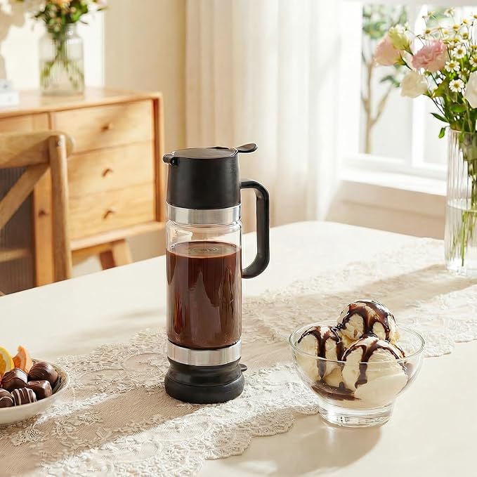 Aelga Coffee Syrup Dispenser, Honey Dispenser, 12 OZ Glass Syrup Bottles with Handle, No Drip Pouring, Coffee Bar Accessories for Coffee and Tea, Black 2 Pack