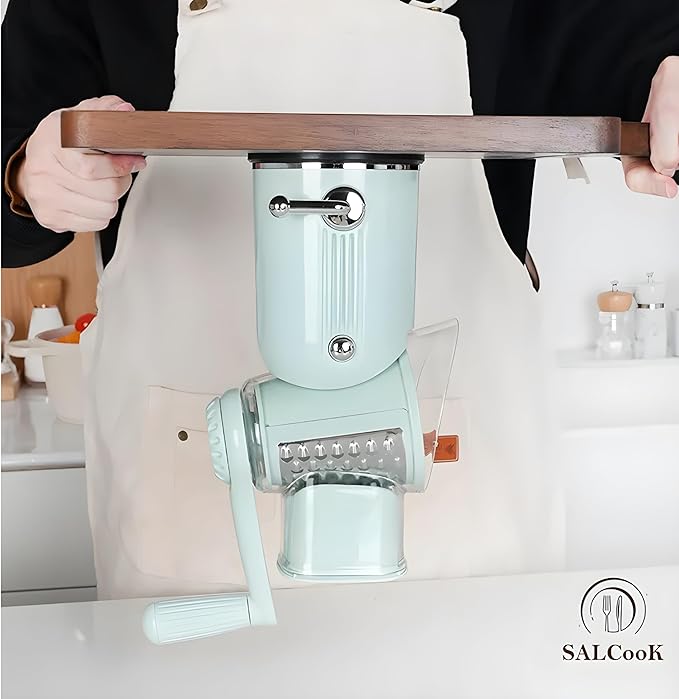5-in-1 Manual Rotary Cheese Grater with Handle – Stainless Steel Blades for Slicing, Shredding, Grinding & Wavy Cuts – Strong Suction Base, Blade Storage Box – Green