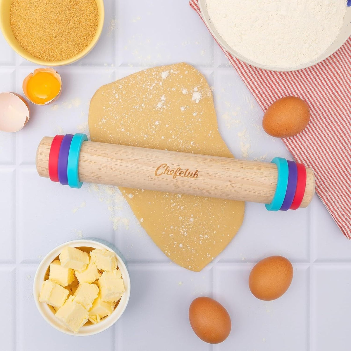 Chefclub Kids Adjustable Wooden Rolling Pin - 3 Removable Silicone Rings - Perfect for Baking & Pastry, Pizza, Pie, Cookie Dough - Precision Baking Tool for Kids
