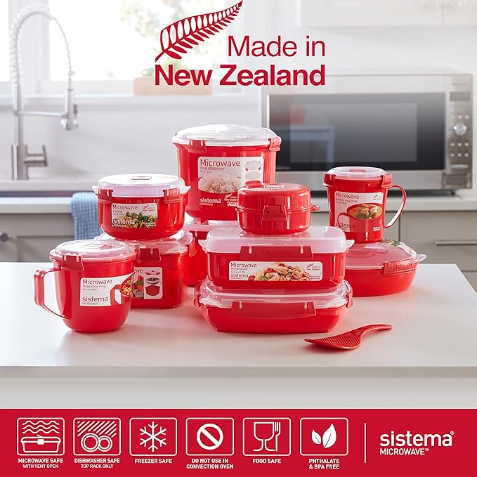 Sistema Heat & Eat Microwaveable Rice Cooker & Food Container Set with Steam Release Vents, Microwave Rice Cooker & Round Food Storage Container, Dishwasher & Freezer-Safe, BPA-Free
