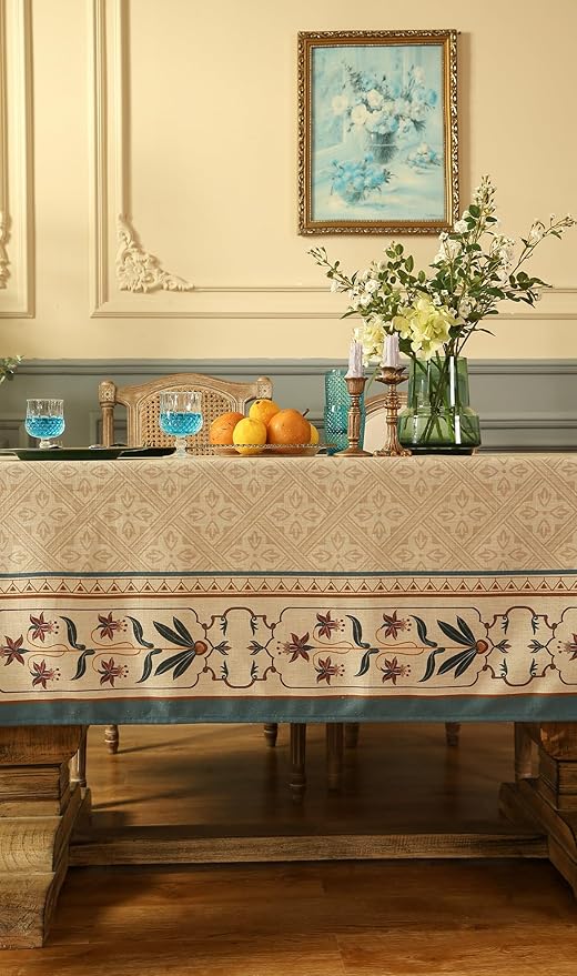 patdrea Designer Linen Extra Long Tablecloth for Rectangle Table,Beige Anti-Wrinkle Durable Floral Farmhouse Table Cloth,Decor Covers for Kitchen Dining,Christmas,Thanksgiving,63"x110"-Fram
