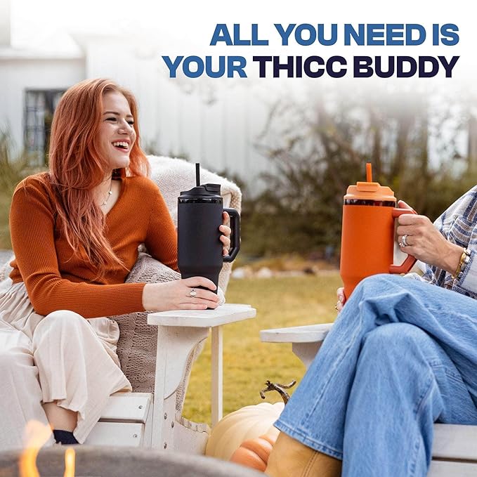 Thicc Buddy - 40 oz Stainless Steel Vacuum Insulated Tumbler with Lid and Straw for Water - Travel Mug Cupholder Friendly - Gifts for Women Men Him Her