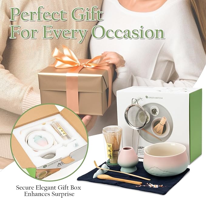 Matcha Whisk Set, Matcha Bowl with Spout, 8PCS Matcha kit, Matcha Whisk and Bowl, Matcha Chasen, Bamboo Scoop, Scoop Rest, Sifter and Tea Towel, Gifts and Ceremony Set for Macha Lovers.(Gradient)