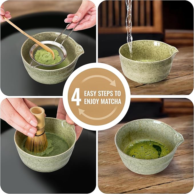 Matcha Whisk Set, Matcha Making Kit Whisk (Chasen Holder), Ceramic Whisk Holder (Mottled Green), Bamboo Scoop, Powder Starter Sifter, Spoon Japanese Tea Tools For Ceremony Gift