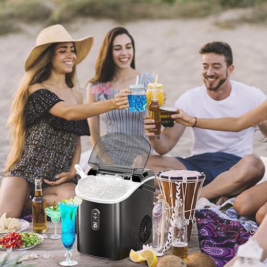 Nugget Countertop Ice Maker with Soft Chewable Pellet Ice, Pebble Portable Ice Machine, 34lbs Per Day, Self-Cleaning, Sonic Ice, One-Click Operation, for Kitchen,Office Stainless Steel Black