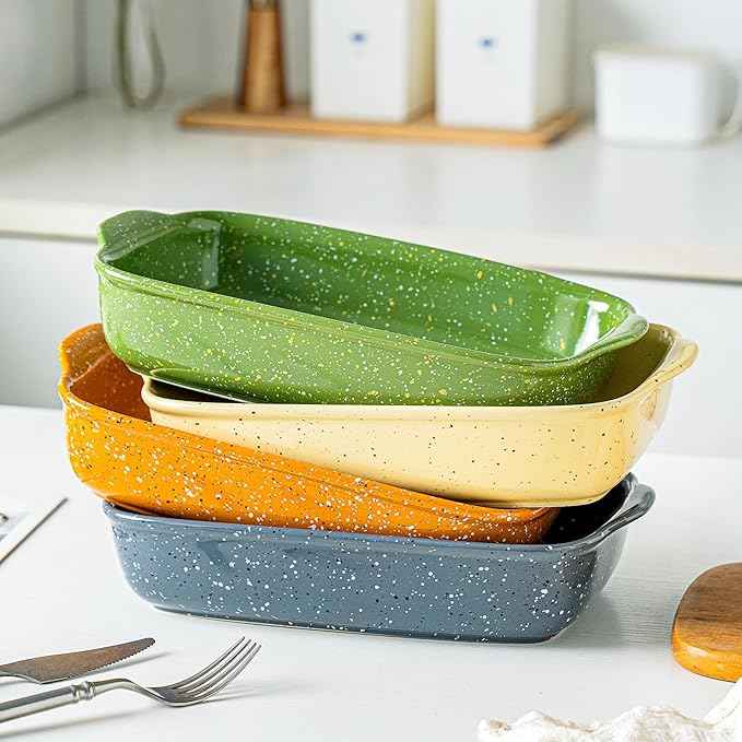 Ceramic Bakeware Dish Set of 3, Rectangular Baking Casserole for Oven,High Heat Resistant,Lasagna Pan Deep with Handles,Handcraft Speckle Series (13.8''/12''/9.6''Grey)