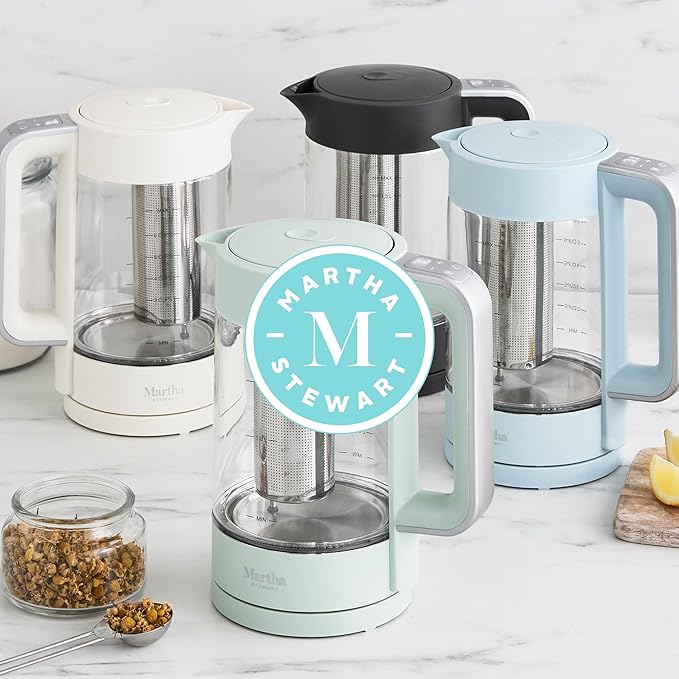 Martha Stewart Electric Kettle with Removable Stainless Steel Tea Infuser, Glass Carafe 1.7L (7 Cups), Hot Water Boiler, 4 Presets, Keep Warm & Auto Shut-Off, Cordless 360° Swivel Base, Sky Blue