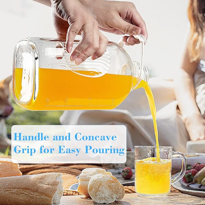 Syntic 2 Qt Glass Milk Bottle with Reusable Strong Airtight SCREW LID, 64 Oz Glass Juice Bottles for Almond Milk, Oat/Nut Milk- 0.5 Gal Water Bottle with 2 Exact Scale Lines, Extra Handle AND Cap!