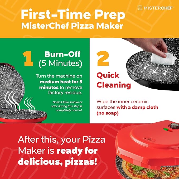 MisterChef Countertop Pizza Maker, 1450W Mini Pizza Oven, Pizza Maker Oven With 12″ Non-Stick Ceramic Plate, Indoor Electric Pizza Oven for Crepes, Pancakes - Red
