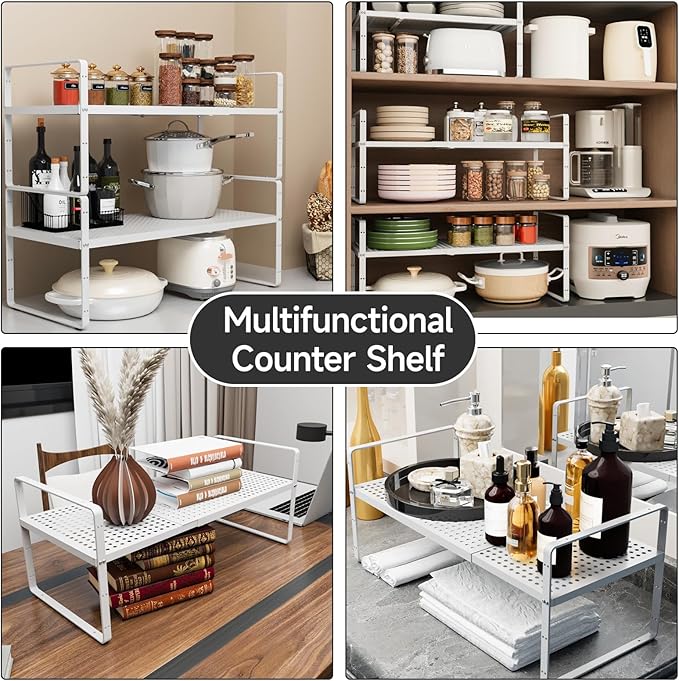 2Pack Expandable Cabinet Shelf Organizers, Stackable Metal Shelves Extender for Kitchen Countertop Storage, Adjustable Spices Shelves Rack Stand for Cupboard Pantry, Black