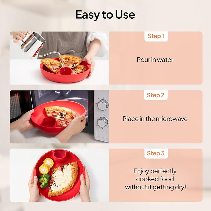 Longtail Company Microwave Steamer Bowl β BPA-Free Silicone Cooking Tray with Water Hole | Steam & Reheat Without Lid | Dishwasher Safe | Defrost, Reheat, Steam Veggies, Pizza, Meals | 9.6in - RED
