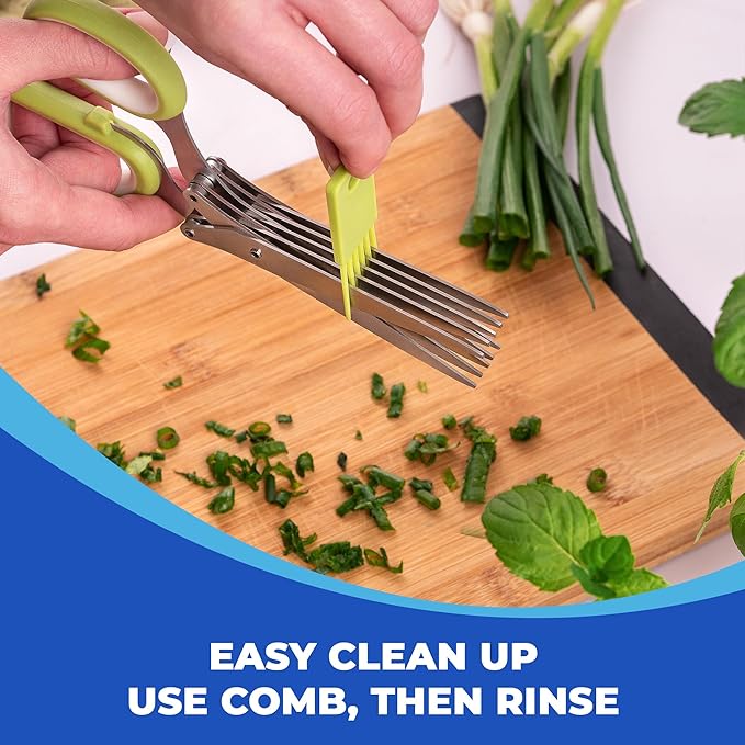 Jenaluca Herb Scissors with Five Blades - Two Pack - Herb Chopper with cleaning comb and safety cover