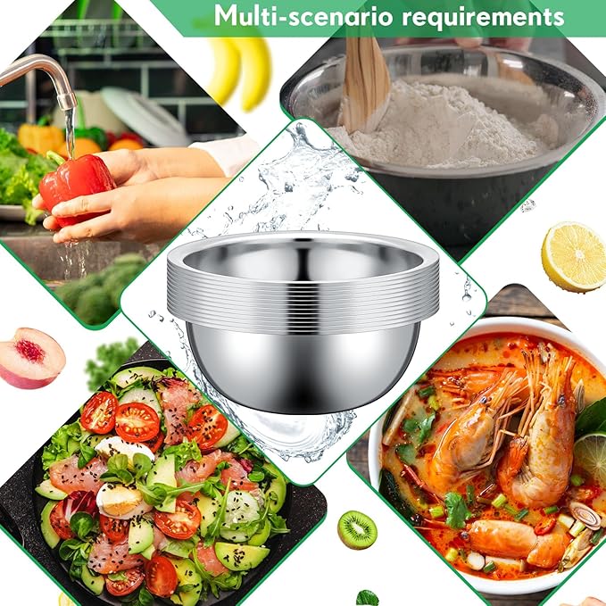 Pinkunn 20 Pcs Stainless Steel Mixing Bowls, Nesting Metal Salad Prep Bowls Bulk Reusable Baking Food Container Large Medium Small for Kitchen Hotel Restaurant Cooking, Silver (8.66 x 3 Inch)