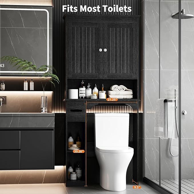 IDEALHOUSE 23.6 Inches Wide Toilet Rack with Over The Toilet Storage Cabinet, Bathroom Shelf Organizer with Anti-Tip Device, Small Freestanding Space Saver with Adjustable Shelf (Black 30" W)