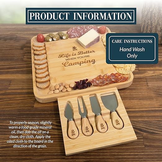 Pavilion - Life Is Better When You’re Camping - Square Cheese Board & Knife Set with Hidden Drawer, Charcuterie Board, Bread Board, 1 Count - Pack of 5, 13 x 13 x 1.25-Inches