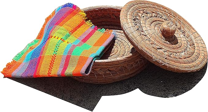 Authentic Mexican Tortilla Warmer Basket - Pine Needle Handwoven with Handloomed Cloth (Natural 9" w cloth)