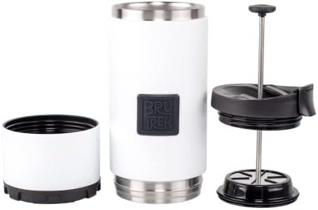 BruTrek® by Planetary Design OVRLNDR Travel Coffee French Press, 24 fl.oz, Double Wall Insulated, Easy To Clean Removable Bottom, No Spill Lid, On The Go Coffee Brewing (Snowflake White)