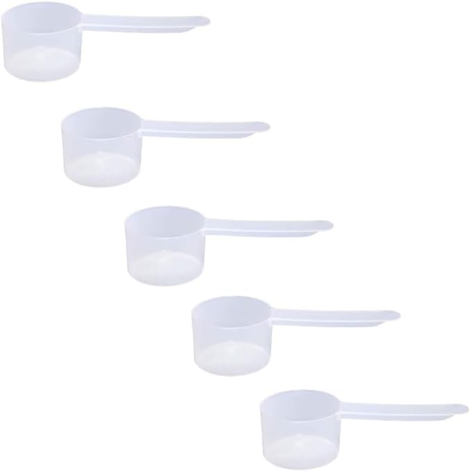 Plastic Measuring Scoop, (32 cc | 32 mL) Long Handle Spoons for Powders, Granules, Coffee, Pet Food, Baking Supplies, Protein and Other Dry Goods, BPA Free (Set of 5)