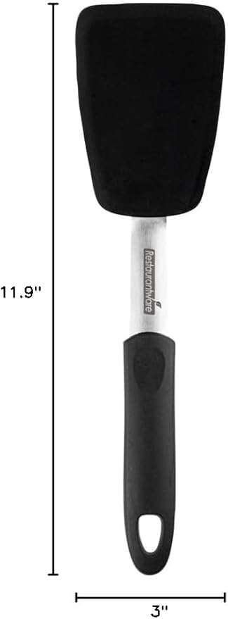 Restaurantware Comfy Grip 12 x 3 Inch Silicone Turner 1 Durable Cooking Turner - Stainless Steel Body Rubber Handle With Hole Black Silicone Flipper Spatula Tolerates Up To 446F Dishwashable