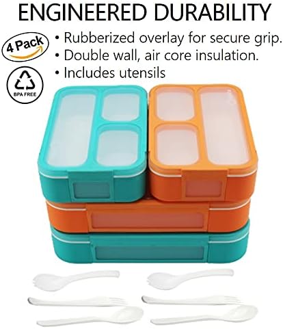 Bento Box Lunch Boxes and Snack Containers for Kids Girls Boys | Leakproof Portion Container Kits Bpa Free | Pack Set Of 4 | Teal Orange Large + Mini, Value 4 Pack