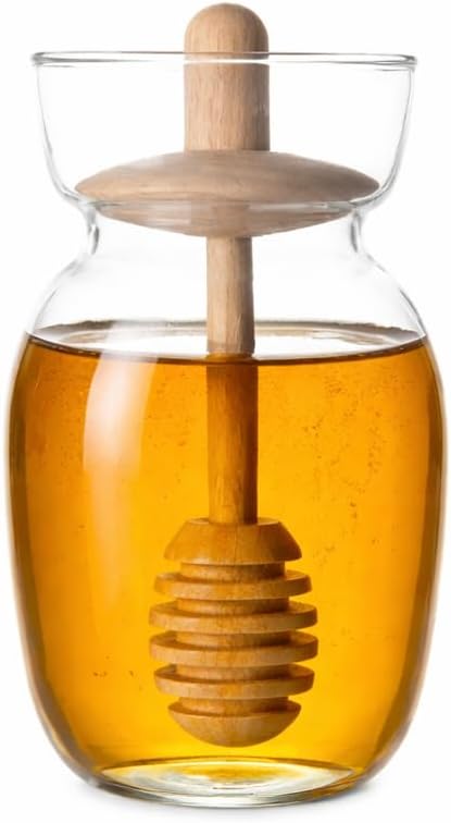 Viva Handmade Small Glass Honey Jar with Dipper and Lid – Borosilicate Glass Honey Container Dispenser, No-Drip Wood Stick for Smooth Pouring – 10 oz / 300 ml for Kitchen & Tea Ritual